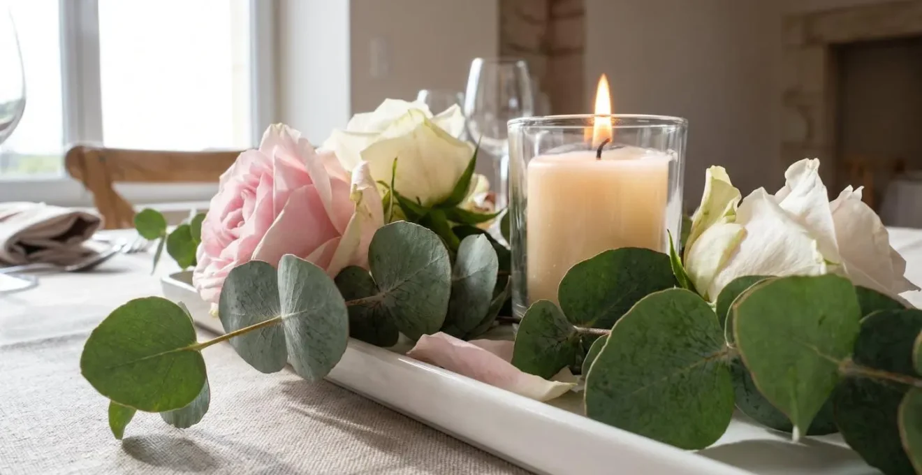 Gros plan détaillé sur un centre de table de mariage contemporain avec roses fraîches, branches d'eucalyptus et bougie allumée, nappe en lin texturée, lumière naturelle latérale douce