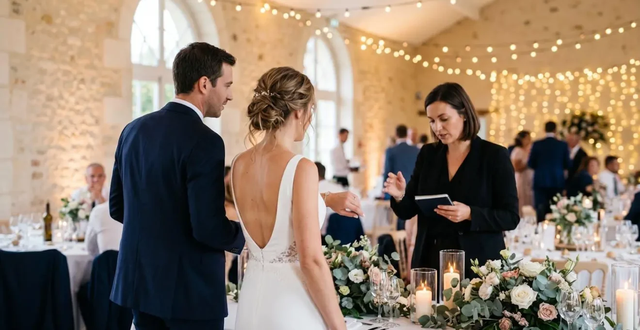 Vue de dos d'un couple de mariés consultant discrètement un organisateur événementiel près d'une table décorée, geste de coordination du timing de soirée, invités en arrière-plan flou, réception en cours