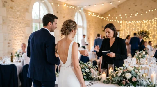 Vue de dos d'un couple de mariés consultant discrètement un organisateur événementiel près d'une table décorée, geste de coordination du timing de soirée, invités en arrière-plan flou, réception en cours